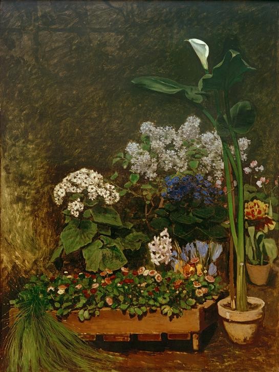 Pierre-Auguste Renoir, Das Gewächshaus (Botanik,Jahreszeiten,Kunst,Tulpe,Gewächshaus,Impressionismus,Frühling,Stillleben,Flieder,Alpenveilchen,Topfpflanze,Französische Kunst,Blume,Kalla,Zinerarie,Massliebchen)