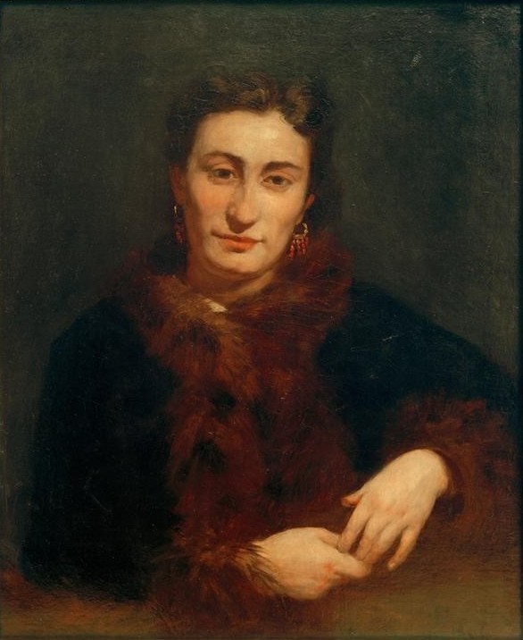 Pierre-Auguste Renoir, Die Dame im Pelz (Damenmode,Frau,Kunst,Mensch,Mode,Pelz,Schmuck,Impressionismus,Ohrring,Hand,Portrait,Französische Kunst,Lächeln,Pelzkragen,Kleidung (Allgemein),Sitzen,Braun,Privatsammlung,Halbfigur,Halbprofil,Signatur,Farbe)