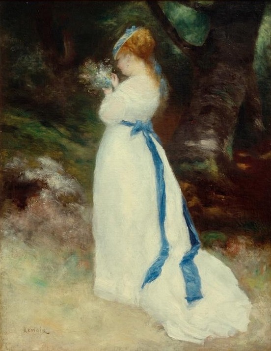Pierre-Auguste Renoir, Lise mit einem Feldblumenstrauß (Damenmode,Frau,Garten Und Park,Kunst,Landschaft,Menschen Im Park,Mensch,Mode,Freizeit,Impressionismus,Geliebte,Blumenstrauss,Bürgertum,Rückenfigur,Französische Kunst,Im Freien (Allgemein),Kleid,Menschen Im Garten,Feldblume,Kleidung (Allgemein),Frauenleben)