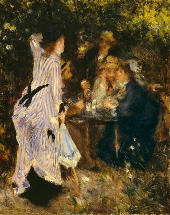 Pierre-Auguste Renoir, Au jardin (Sous la tonelle, Moulin de la Galette) (Garten Und Park,Kunst,Menschen Im Park,Freizeit,Laube,Impressionismus,Trinken,Französische Kunst,Menschen Im Garten,Geselliges Beisammensein,Streifen,Garten)