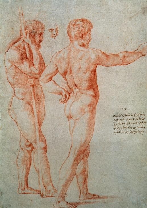 Raffael, Drei Männerakte (Handschrift,Mann,Schreiben Und Schrift,Renaissance,Schlacht,Akt,Autograph,Studie,Italienische Kunst,Aktstudie,Schreibschrift,Hochrenaissance,Schrift)