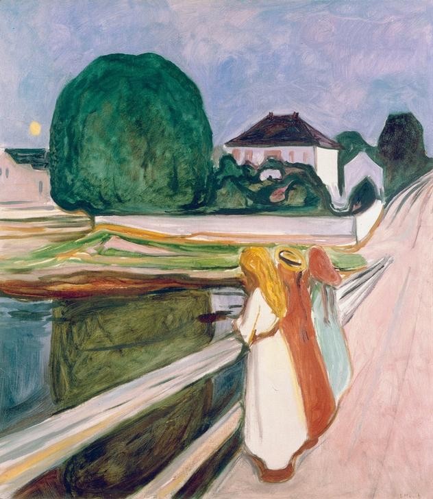 Edvard Munch, Weiße Nacht (Brücke,Freundschaft (Allgemein),Landschaft,Mond,Spaziergang,Nacht,Expressionismus,Norwegische Kunst,Mittsommernacht)