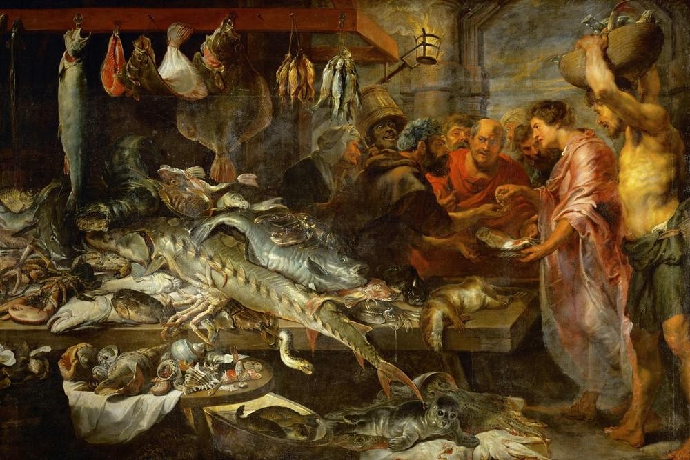 Frans Snyders, Ein Fischmarkt (Fischerei,Fischmarkt,Handel,Hausarbeit,Markt,Wasser,Bezahlung,Barock,Nahrungsmittel,Fisch,Seehund,Niederländische Kunst,Einkauf,Haushalt,Münze,Fischhandel,Tier,Händler,Meeresfrüchte,Schalentiere,Strassenhändler,Fischhändler,Kaufmann,Alltag,Gewerbe,Vier El)