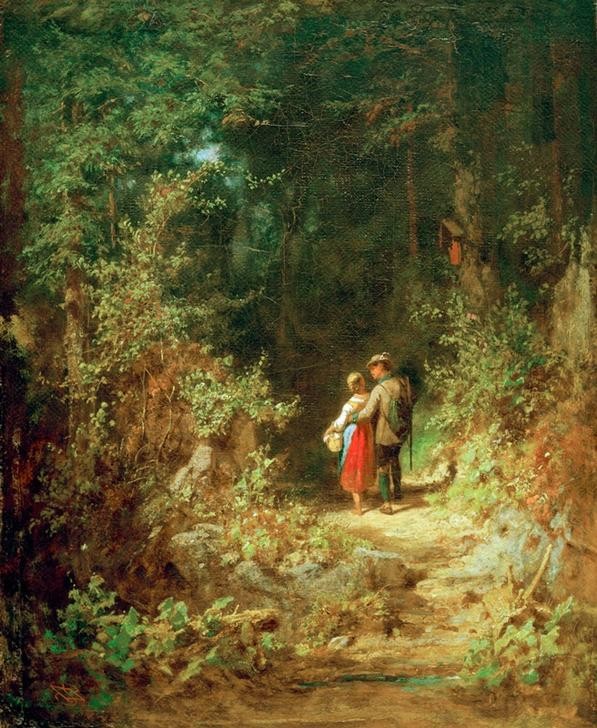 Carl Spitzweg, Liebespaar im Walde (Deutsche Kunst,Jäger,Landschaft,Liebe Und Ehe,Liebespaar,Mensch,Spaziergang,Wald,Biedermeier)