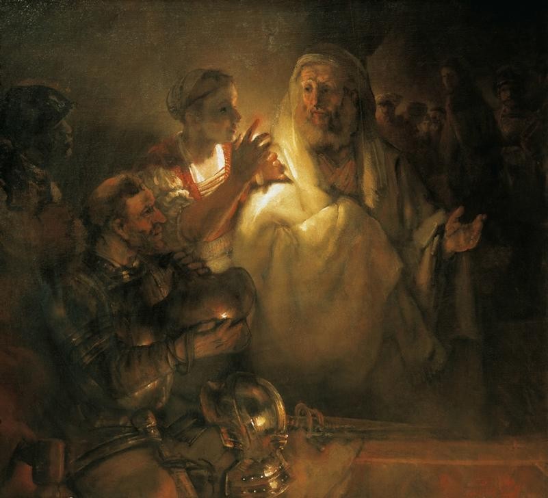 Rembrandt Harmenszoon van Rijn, Der Apostel Petrus verleugnet Christus (Christentum,Laster,Religion,Soldat,Barock,Neues Testament,Bibel,Apostel,Apostelgeschichte,Helldunkel,Niederländische Kunst,Petri Verleugnung,Passion Christi,Feigheit,Verleugnung)