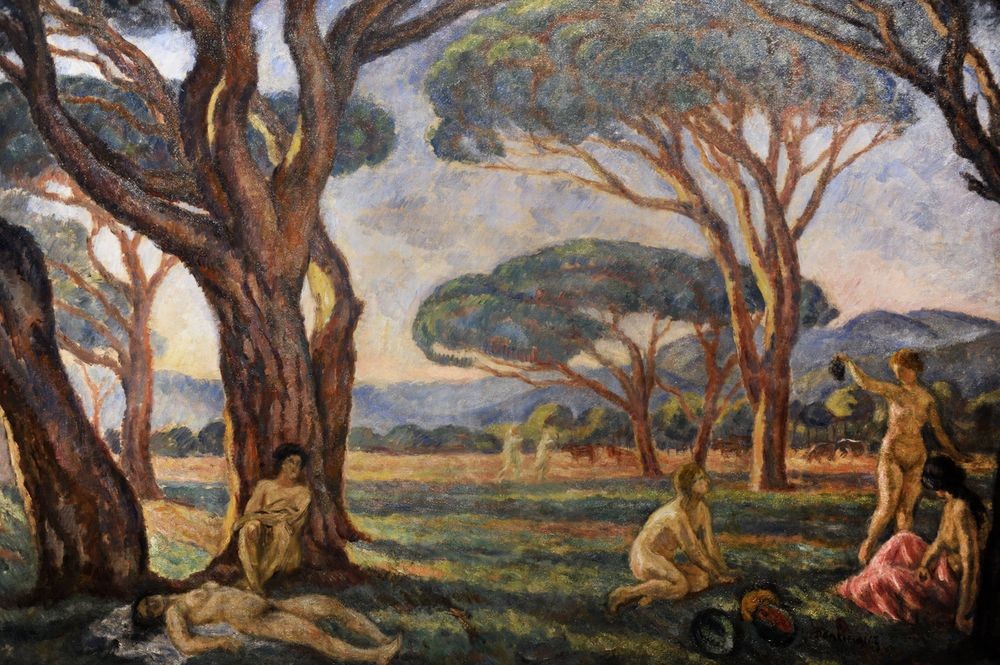 Jozef Pankiewicz, Landscape from Provence with Idyllic Scenes, 1912 (Landschaft, Südfrankreich, Landschaftsmalerei, Pinien, Idylle, nackte Frauen, Sonnenbad, Klassische Moderne, Impressionismus, Malerei, Wunschgröße, Wohnzimmer)