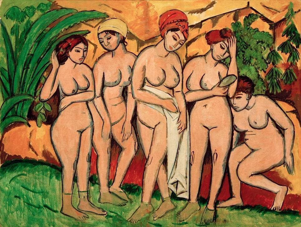 Ernst Ludwig Kirchner, Frauen im Bade (Körperpflege,Bad Im Freien,Bad,Deutsche Kunst,Erotik,Frau,Gruppenbild,Kunst,Akt,Expressionismus,Die Brücke,Im Freien (Allgemein),Handtuch,Frauenleben,Badetuch)