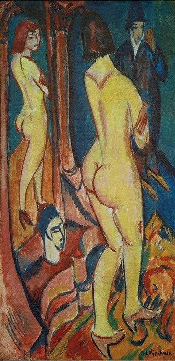 Ernst Ludwig Kirchner, Rückenakt mit Spiegel und Mann (Deutsche Kunst,Frau,Kunst,Mann,Spiegel,Akt,Expressionismus,Voyeurismus,Rückenakt,Die Brücke,Spiegelbild,Ganzfigurig,Signatur)