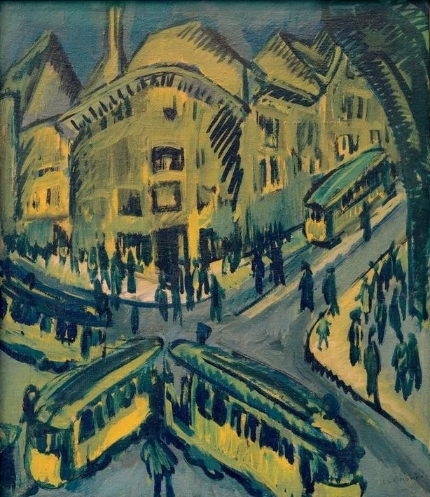 Ernst Ludwig Kirchner, Nollendorfplatz (Architektur,Deutsche Kunst,Geographie,Kunst,Strassenbahn,Strassenszene,Verkehr,Platz,Grossstadt,Expressionismus,Architekturdarstellung,Die Brücke,Kreuzung,Topographie,Öffentlicher Nahverkehr)