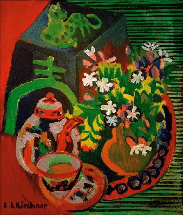 Ernst Ludwig Kirchner, Stilleben mit chinesischem Porzellan (Deutsche Kunst,Kunst,Tee,Stillleben,Expressionismus,Blumenstrauss,Die Brücke,Blume)