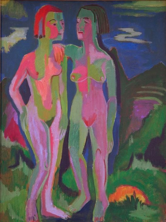 Ernst Ludwig Kirchner, Zwei weibliche Akte in Landschaft (Deutsche Kunst,Frau,Freundschaft (Allgemein),Akt,Expressionismus,Die Brücke,Im Freien (Allgemein),Ganzfigurig)