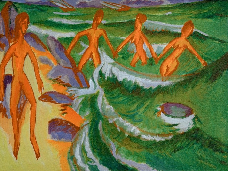 Ernst Ludwig Kirchner, Badende am Strand (Fehmarn) (Bad Im Freien,Bad,Deutsche Kunst,Freikörperkultur,Frau,Kunst,Landschaft,Mann,Mensch,Freizeit,Seebad,Strand,Urlaub,Meer,Akt,Expressionismus,Reise,Die Brücke,Im Freien (Allgemein),Nacktheit,Welle,Primitivismus,Sandstrand)