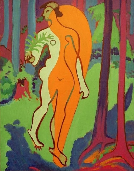 Ernst Ludwig Kirchner, Akt in Orange und Gelb (Deutsche Kunst,Frau,Kunst,Wald,Akt,Expressionismus,Die Brücke,Im Freien (Allgemein),Ganzfigurig)