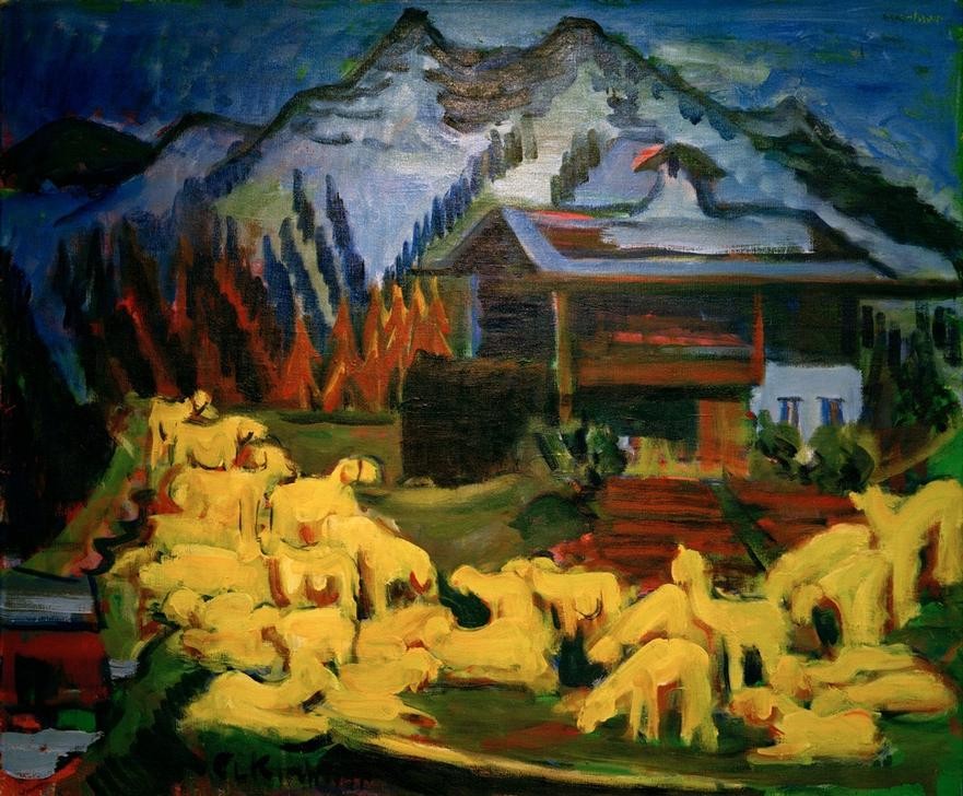 Ernst Ludwig Kirchner, Schafherde (Deutsche Kunst,Gebirge,Landschaft,Schafzucht,Expressionismus,Schaf,Die Brücke,Schafherde,Herde,Landwirtschaft)