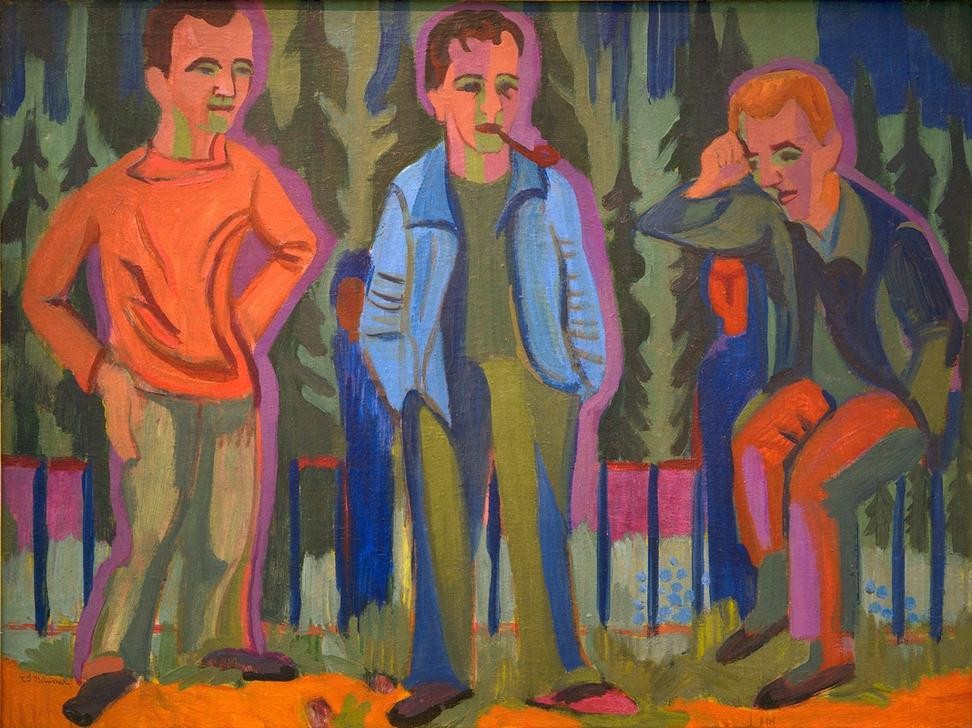 Ernst Ludwig Kirchner, Drei Künstler: Hermann Scherer, Kirchner, Paul Camenisch (Bildhauer,Deutsche Kunst,Grafiker,Gruppenbild,Künstler,Kunst,Maler (Künstler),Selbstbildnis,Expressionismus,Die Brücke,Person)