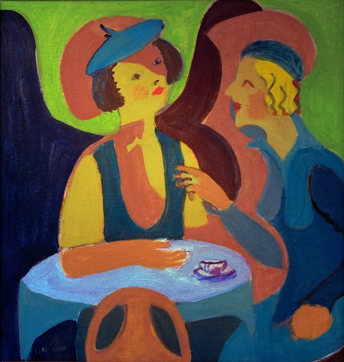 Ernst Ludwig Kirchner, Zwei Damen im Café (Damenmode,Deutsche Kunst,Essen Und Trinken,Frau,Freundschaft (Allgemein),Gastronomie,Gesellschaftliches Leben,Gesellschaft,Kopfbedeckung,Kunst,Mensch,Mode,Freizeit,Tafelsitten,Baskenmütze,Expressionismus,Die Brücke,Klatsch,Cafe,Frauenleben,Geselliges Beis)