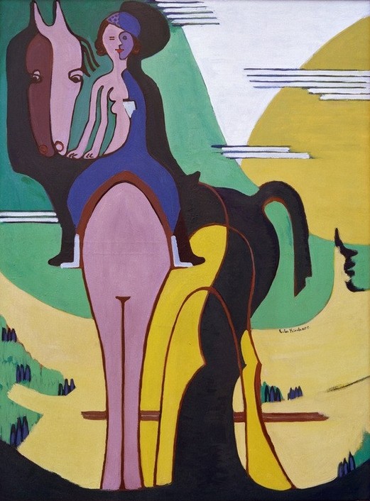 Ernst Ludwig Kirchner, Reiterin (Deutsche Kunst,Frau,Pferd (Tier),Freizeit,Expressionismus,Reise,Die Brücke,Reiterin,Frau Und Tier,Ausritt,Reiten)