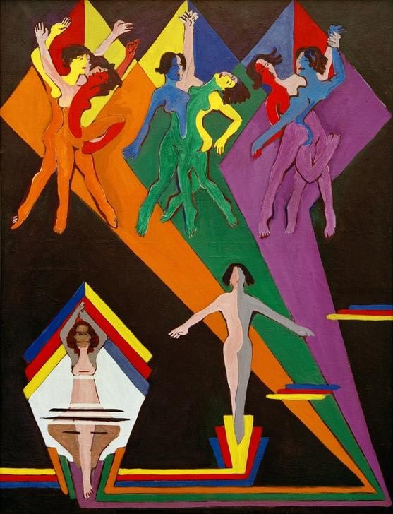 Ernst Ludwig Kirchner, Tanzende Mädchen in farbigen Strahlen (Ballett,Deutsche Kunst,Kunst,Musik,Tänzerin,Szene,Tanz,Theater,Expressionismus,Die Brücke,Strahlen)