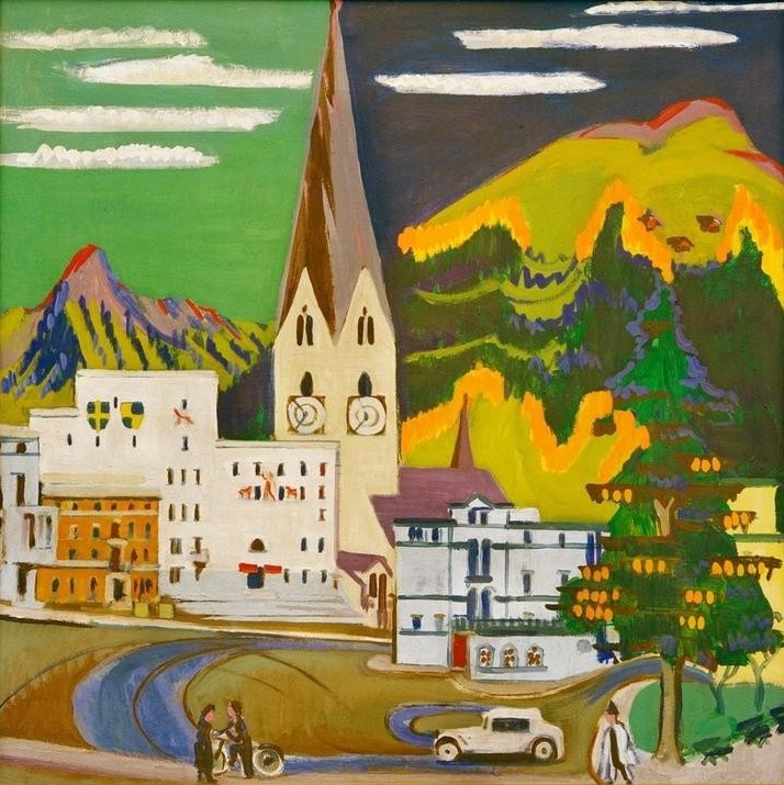 Ernst Ludwig Kirchner, Rathaus Davos Platz (Deutsche Kunst,Geographie,Kirche,Rathaus,Platz,Expressionismus,Vedute,Architekturdarstellung,Turmuhr,Die Brücke,Topographie)