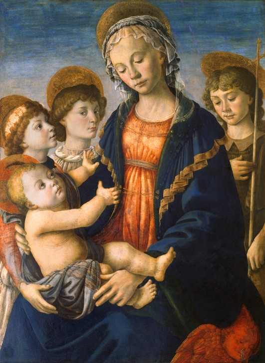 Sandro Botticelli, Maria mit Kind, dem Johannesknaben und zwei Engeln (Christentum,Engel,Religion,Renaissance,Maria Mit Kind,Italienische Kunst,Jesusknabe,Frührenaissance)