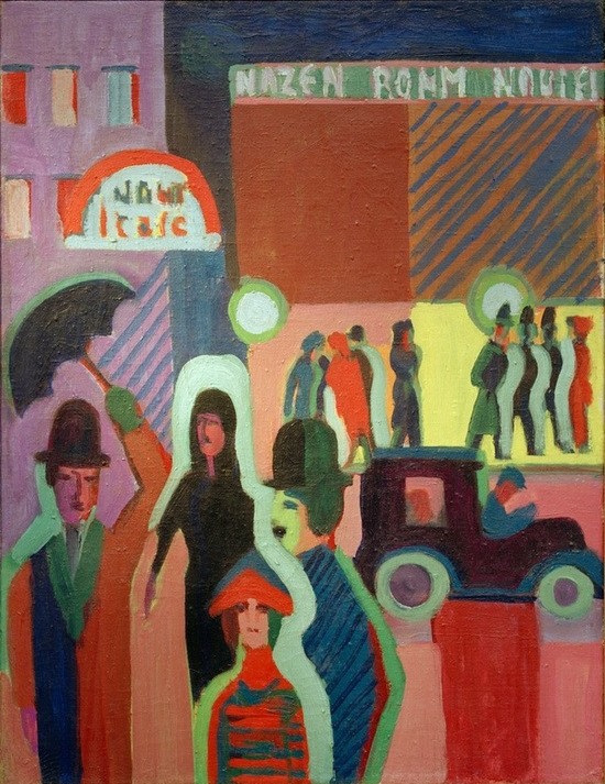 Ernst Ludwig Kirchner, Kaufhaus im Regen (Deutsche Kunst,Kaufhaus,Meteorologie,Regen,Strassenszene,Szene,Verkehr,Expressionismus,Regenschirm,Die Brücke,Fussgänger)