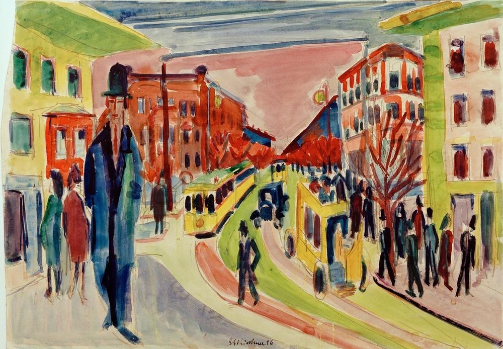 Ernst Ludwig Kirchner, Straßenszene (Autobus,Deutsche Kunst,Strassenbahn,Strassenszene,Szene,Verkehr,Expressionismus,Die Brücke,Fussgänger,Berliner Verkehrsbetriebe,Öffentlicher Nahverkehr,Verkehr Und Transport)