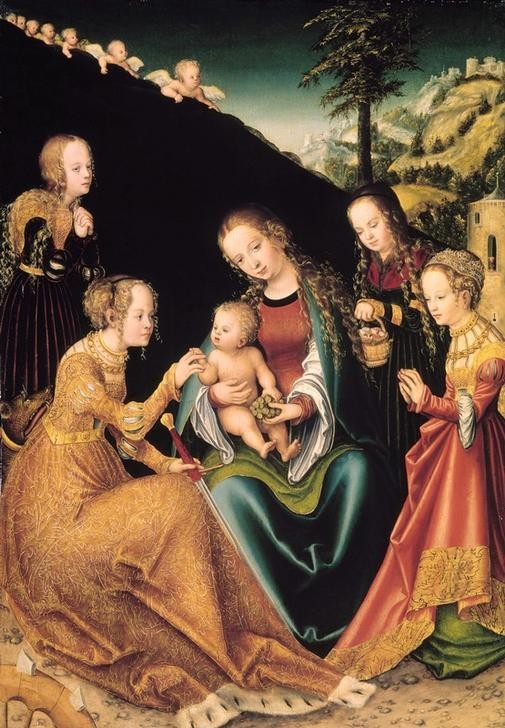 Lucas Cranach der Ältere, Verlobung der Heiligen Katharina (Die (Christentum,Deutsche Kunst,Engel,Frau,Heilige,Kunst,Religion,Schwert,Turm,Verlobung,Renaissance,Maria Mit Kind,Neues Testament,Bibel,Putto,Jungfrau,Heiligenlegende,Jesusknabe,Mystische Vermählung,Weintraube,Blumenkorb,Kind Auf Dem Schoss,Nothelferin,Drach)