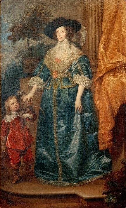Anthonis van Dyck, Königin Henriette Maria mit Jeffrey Hudson und einem Affen (Königin, Adel, Prunk, Mode, Kleidung, Hut, höfisch, Portrait, Damenhut, Affe,    Hofzwerg, Lord Minimus,  Ganzfigurig, Barock, Klassiker, Wunschgröße, Wohnzimmer)