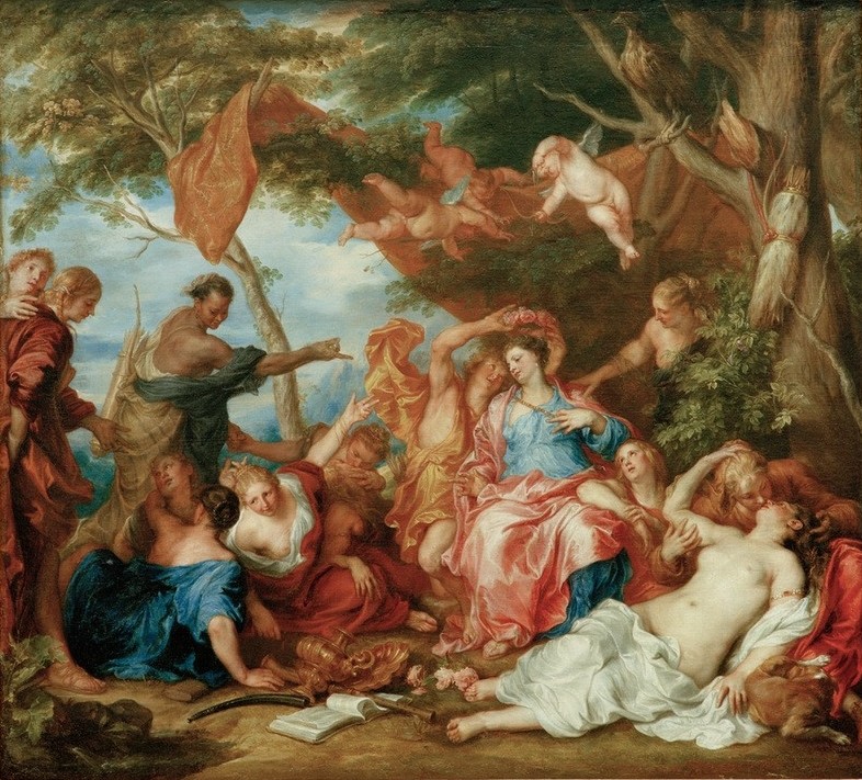 Anthonis van Dyck, Amaryllis und Mirtillo (Mythologie, Nymphen, Blumenkranz, Kuss, Bukolik,  Schäferspiel, Erotik, Barock, Klassiker, Wunschgröße, Wohnzimmer)
