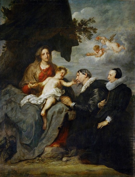 Anthonis van Dyck, Maria mit Kind und Stiftern (Maria, Jesusknabe, Stifterehepaar, Putten, Jungfrau, Stifterbildnis, Halskrause, Anbetung, Barock, Klassiker, Wunschgröße, Wohnzimmer)