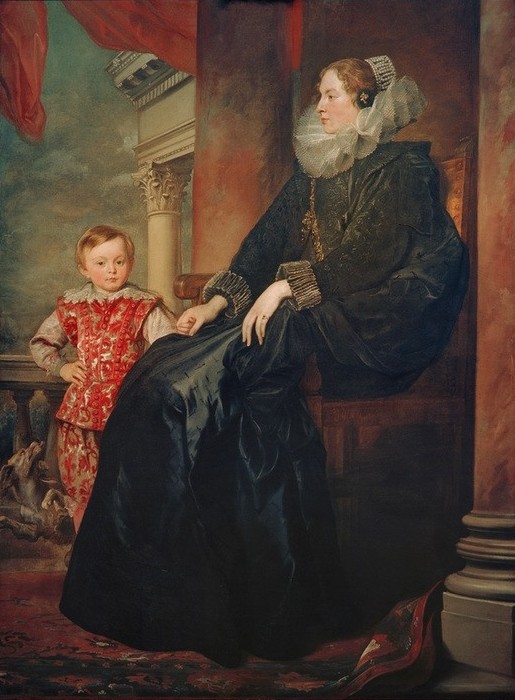 Anthonis van Dyck, Eine Genueser Edeldame mit ihrem Sohn (Damenmode, Frau, Kind, Mutter und Sohn, höfisch, Prunk,   Adel, Halskrause, Barock, Klassiker, Wunschgröße, Wohnzimmer)