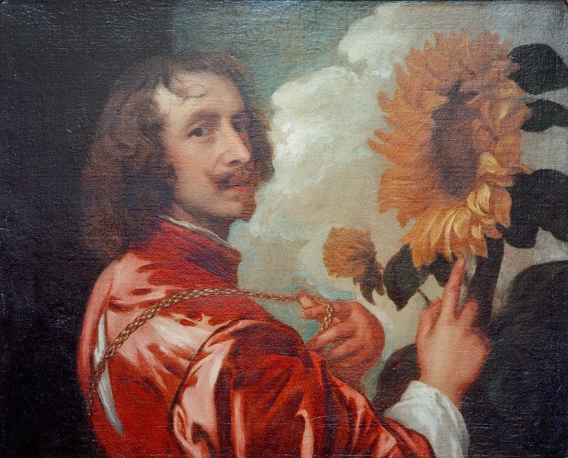 Anthonis van Dyck, Selbstbildnis mit einer Sonnenblume (Künstler, Selbstportrait, Seidenjacke, Edel, goldene Kette, Sonnenblume, Allegorie,Barock, Klassiker, Wunschgröße, Wohnzimmer)