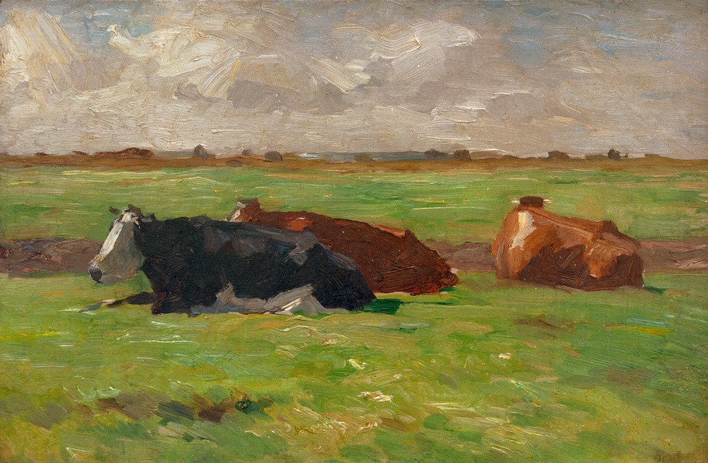 Thomas Ludwig Herbst, Norddeutsche Sommerlandschaft mit liegenden Kühen (Deutsche Kunst,Landschaft,Rind,Zoologie,Impressionismus,Wiese,Landwirtschaft,Viehzucht,Weide (Wiese))