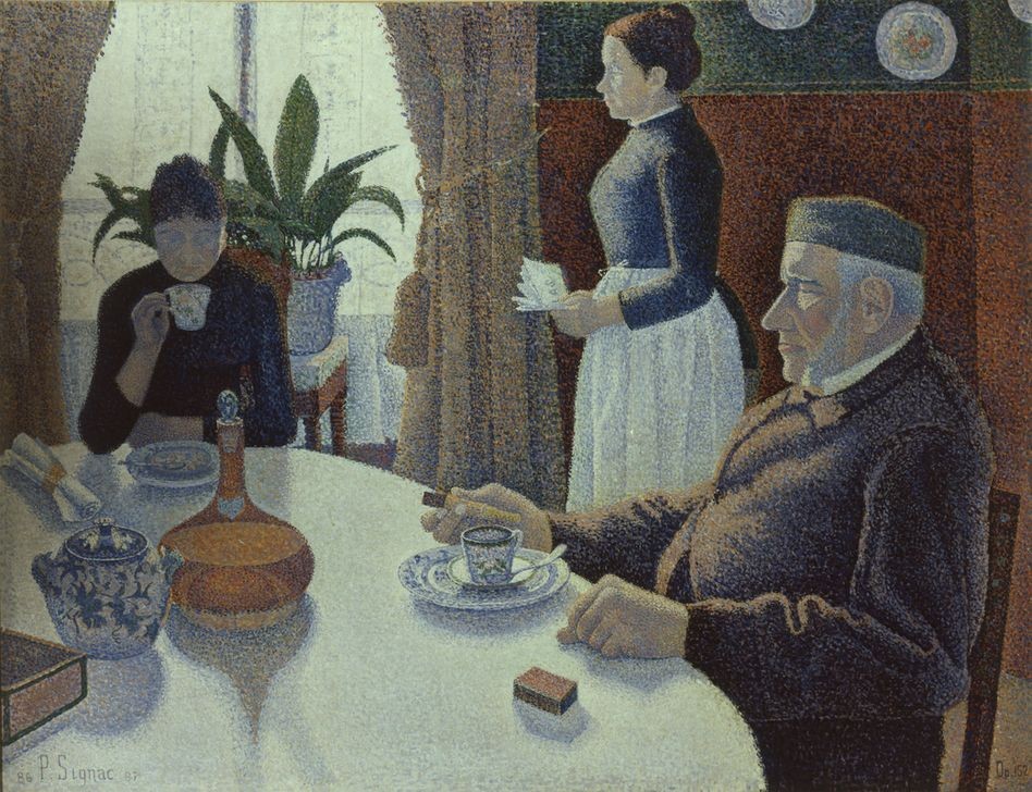 Paul Signac, EL COMEDOR (Frau,Jugend (Lebensalter),Kunst,Impressionismus,Tisch,Pointillismus,Schale (Gefäss),Speisezimmer,Französische Kunst,Vorhang,Magd,Ritus,Küchenmagd,Innenansicht,Deckelkrug,Kumme)