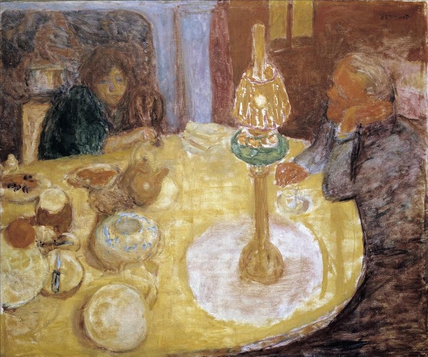 Pierre Bonnard, VELADA BAJO LA LAMPARA (Esstisch, gedeckter Tisch, Petroleumlampe, Frauen, Post-Impressionismus,  Wohnzimmer, Wunschgröße, Klassische Moderne)