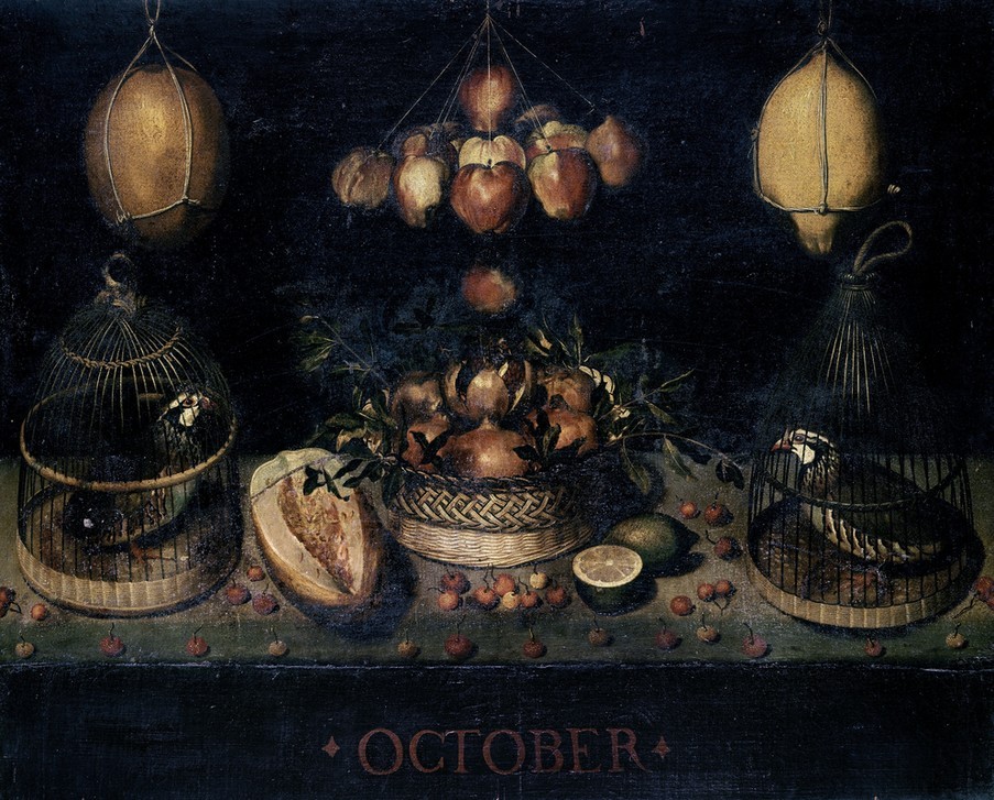 Diego Rodriguez de Silva y Velasquez, BODEGON RELATIVO AL MES DE OCTUBRE (Apfel,Kirsche,Oktober,Stillleben,Käfig,Privatsammlung)