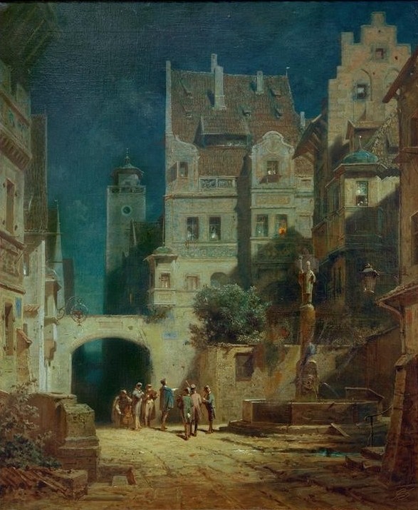 Carl Spitzweg, Ständchen im Mondschein (Altstadt,Deutsche Kunst,Gesang,Konzert,Musik,Ständchen,Brunnen,Nacht,Kleinstadt,Strassenmusikant,Architekturdarstellung,Mondschein,Torbogen,Schild (Information))