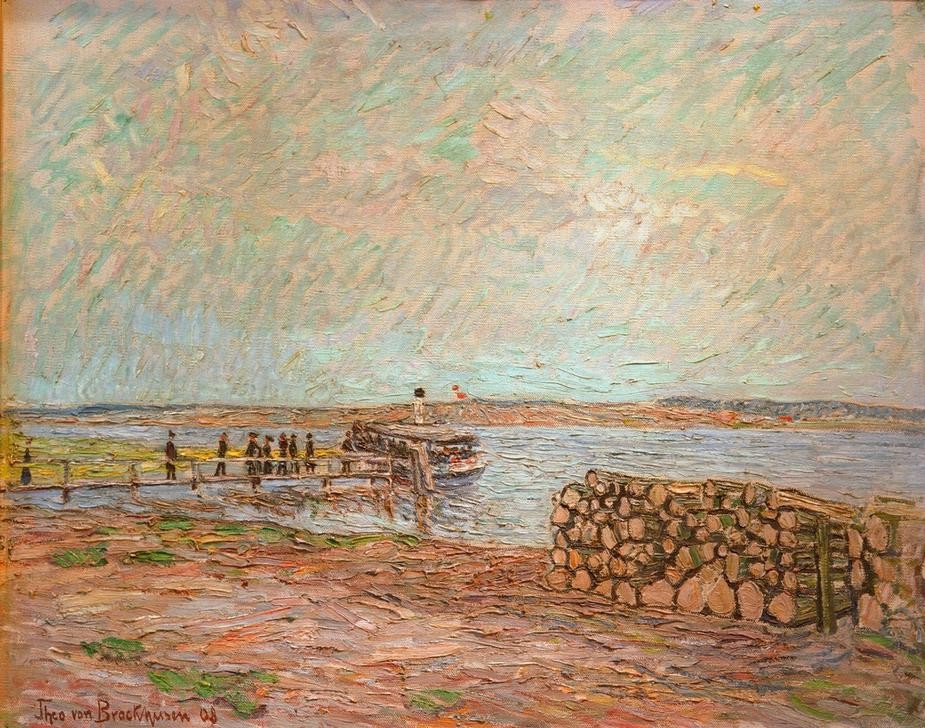 Theo von Brockhusen, Dampferbrücke an der Havel (Dampfer,Deutsche Kunst,Landschaft,Schiff,Schiffsanlegestelle,Impressionismus,Fluss,Binnenschiffahrt,Ausflugsschiff,Holzstoss,Flusschiffahrt,Passagier)