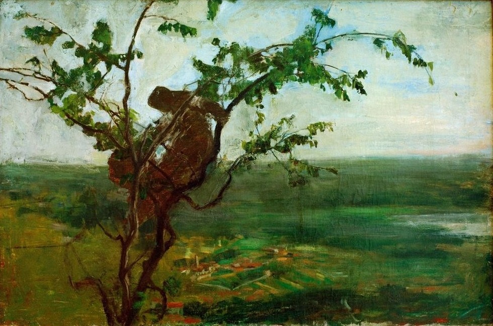 Giovanni Segantini, Paesaggio con donna su un albero (Landschaft, Baum, Frau in Baum, Symbolismus, mysthisch,    Malerei, klassische Moderne, Wunschgröße, Wohnzimmer)