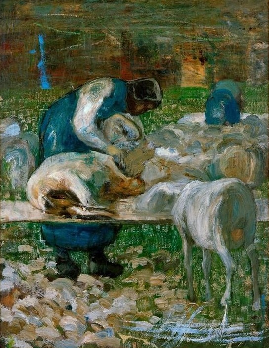 Giovanni Segantini, La tosatura delle pecore (Schafzucht, Schäferin, Bauernhof, Wolle, Schaf, Schafschur, Genre, Landleben,  Postimpressionismus, Malerei, klassische Moderne, Wunschgröße, Wohnzimmer)