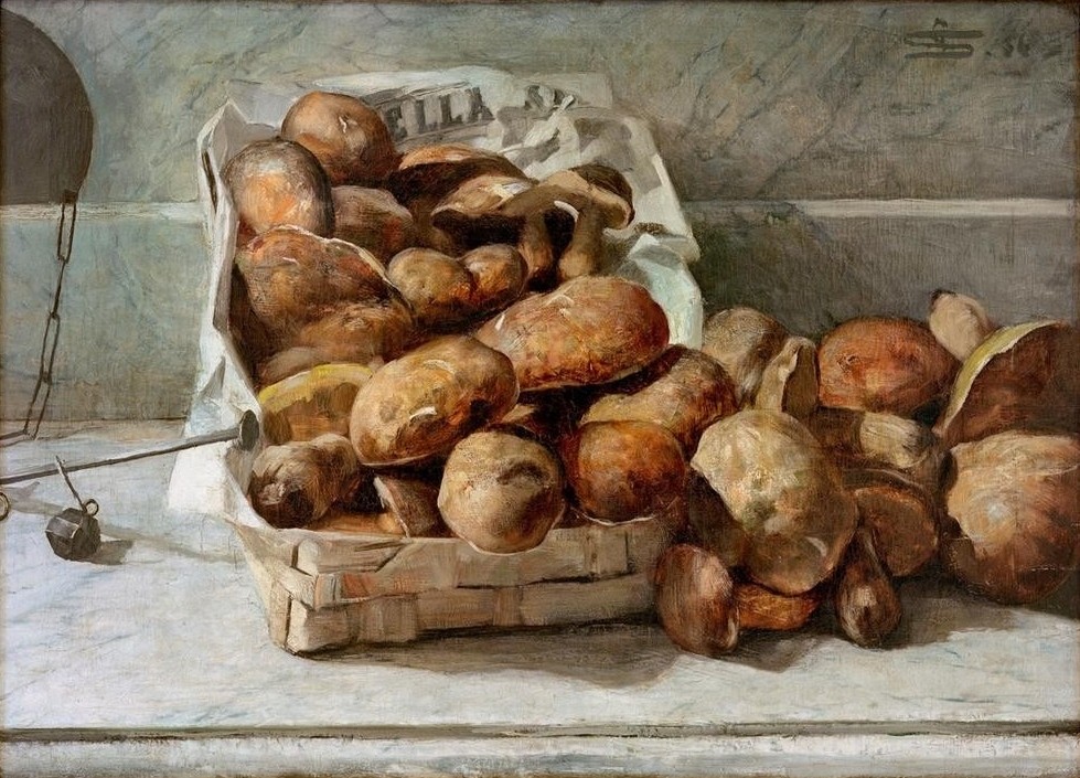 Giovanni Segantini, Funghi (Stillleben, Korb, Pilze, Herbst, Realismus, Malerei, klassische Moderne, Wunschgröße, Wohnzimmer)
