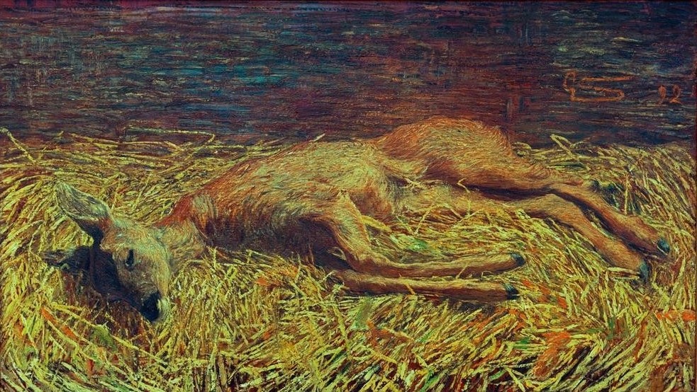 Giovanni Segantini, Capriolo morto (Stroh, Stall, Reh, Wild, Tod, Divisionismus, Malerei, klassische Moderne, Wunschgröße, Wohnzimmer)
