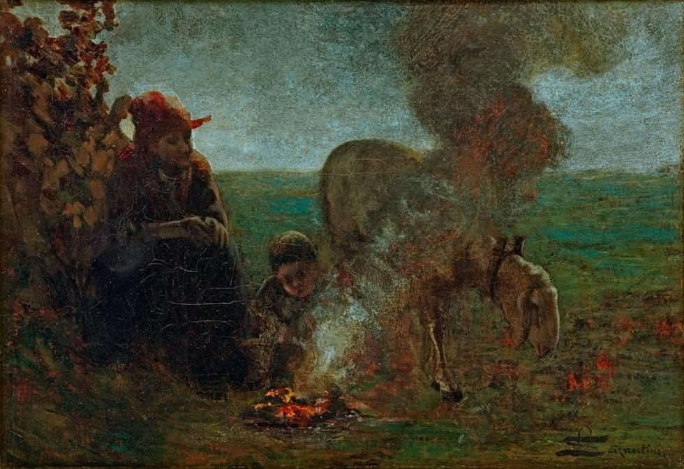 Giovanni Segantini, Giornata fredda di novembre (Spätherbst, Jahreszeiten, Frau, Kind, Lagerfeuer, Kälte, Frieren, Landschaft,  Schaf, Landleben, Hirtin, Schäferin, Realismus, Malerei, klassische Moderne, Wunschgröße, Wohnzimmer)