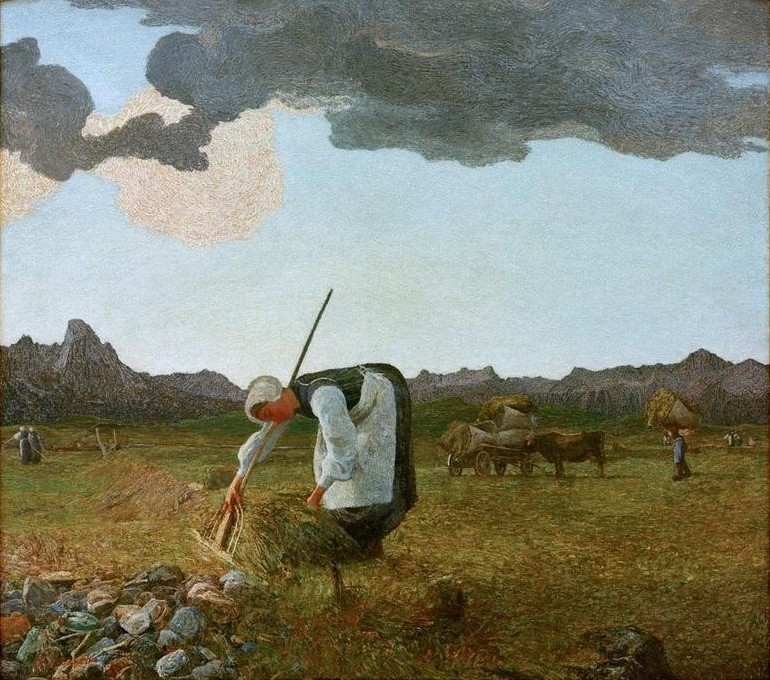 Giovanni Segantini, La racolta del fieno (Ernte, Heuwagen, Jahreszeiten, Arbeit, Bäuerin, Heuernte, Heugabel, Landwirtschaft, Landarbeit, Landschaft, Genre, Realismus, Malerei, klassische Moderne, Wunschgröße, Wohnzimmer)