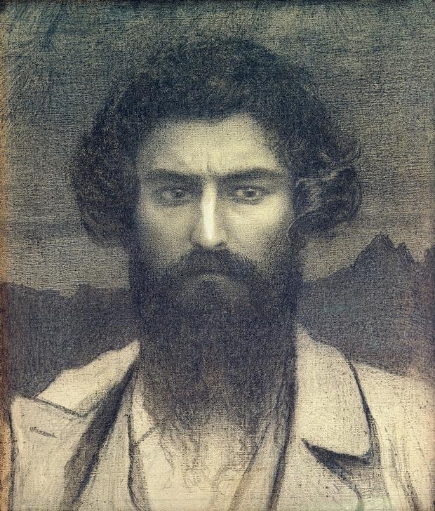 Giovanni Segantini, Selbstbildnis (Selbtportrait, Gesicht, Bart, Persönlichkeiten, Grafik, Portrait, Naturalistisch,  Realismus, klassische Moderne, Wunschgröße, Wohnzimmer, schwarz/weiß)