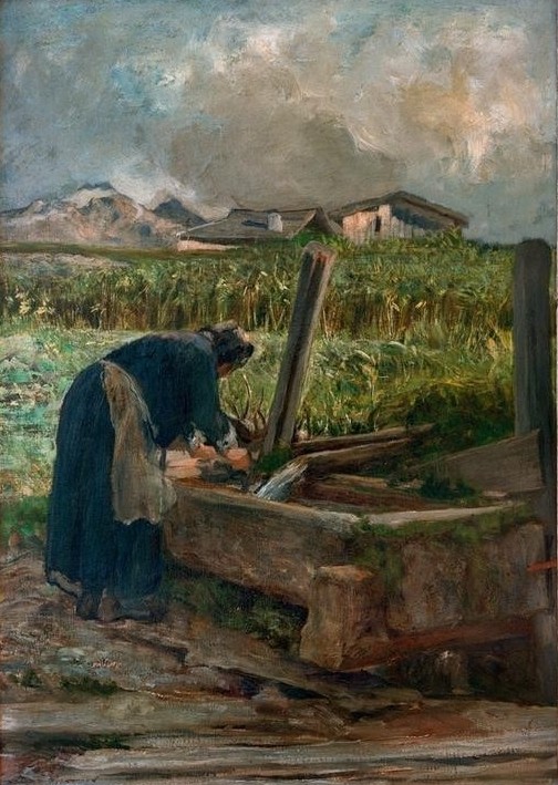 Giovanni Segantini, La lavandaia (Bäuerin, Wäscherin, Waschplatz, Trog, Dorf, Landschaft, Landarbeit, Realismus, Malerei, klassische Moderne, Wunschgröße, Wohnzimmer)