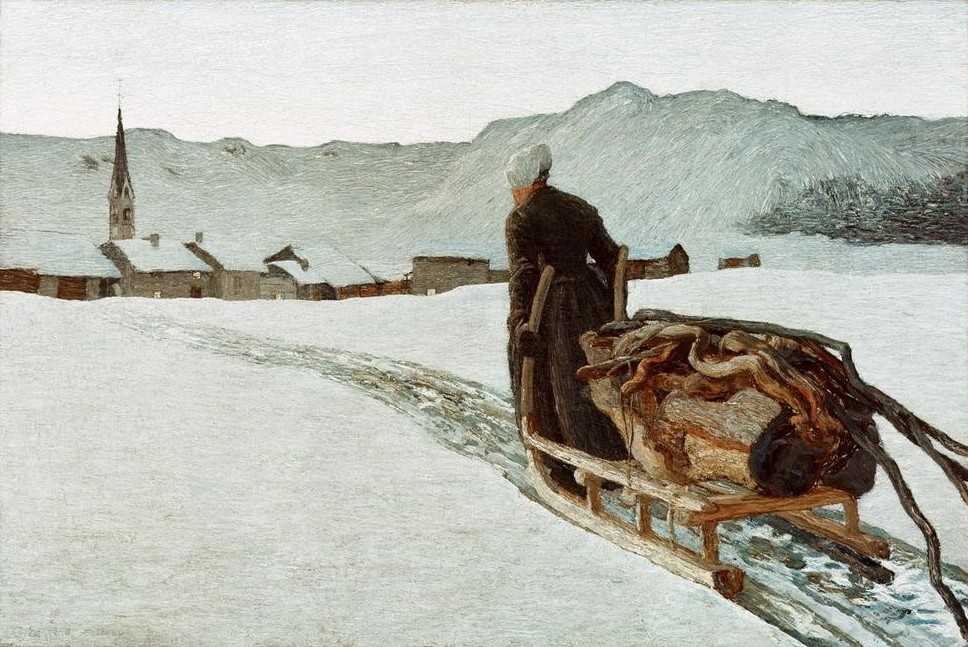 Giovanni Segantini, Ritorno dal bosco (Holzsammlerin, Frau, Winter, Schnee, Schlitten, Dorf,  Gebirge, Jahreszeiten, Landleben, Divisionismus, Malerei, klassische Moderne, Wunschgröße, Wohnzimmer)