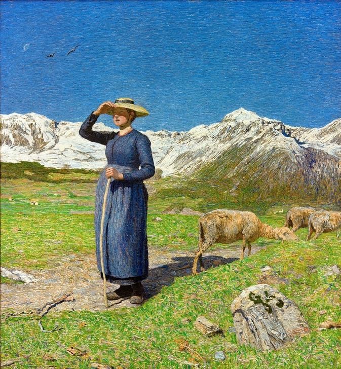 Giovanni Segantini, Mezzogiorno sulle Alpi (Frau,Gebirge,Kopfbedeckung,Landschaft,Schafzucht,Tageszeiten,Mittag,Schatten,Strohhut,Schaf,Genre,Italienische Kunst,Schweizerische Kunst,Landleben,Frauenleben,Sonnenschein,Hirtin,Schäferin,Landwirtschaft)