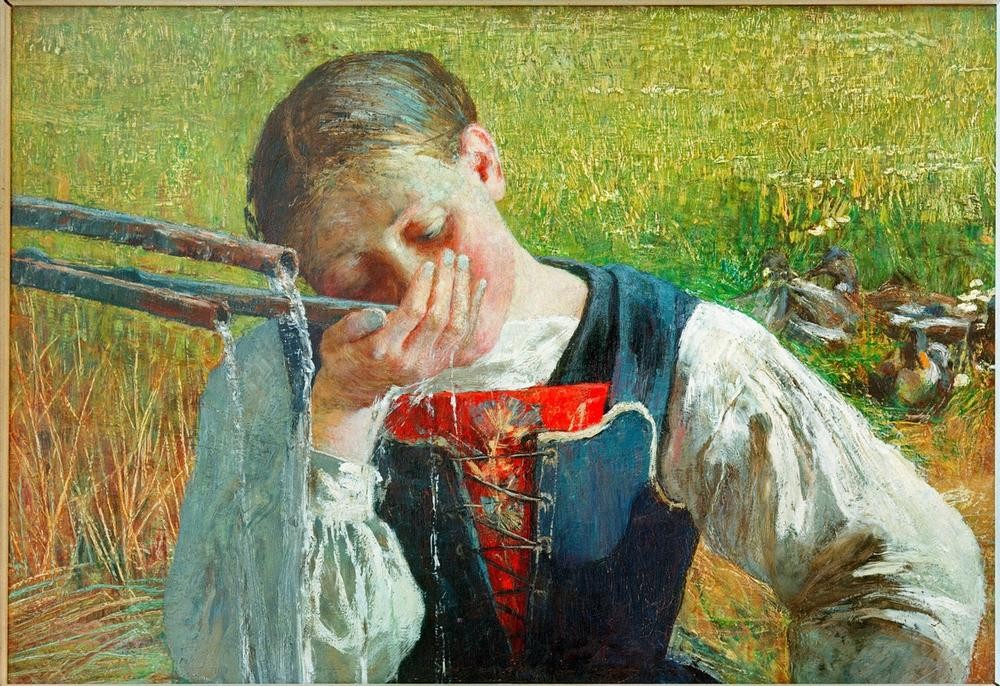 Giovanni Segantini, Costume grigionese (Frau,Mensch,Volkskunde,Wasser,Wasserversorgung,Brunnen,Trinken,Durst,Italienische Kunst,Trinkwasser,Schweizerische Kunst,Junge Frau,Land Und Leute)