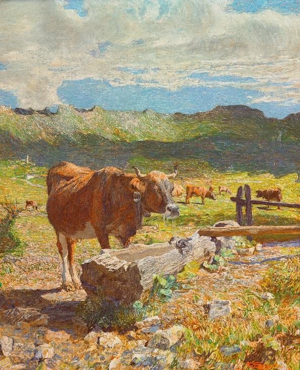 Giovanni Segantini, Vacca bruna all’abbeveratoio (Gebirge,Landschaft,Rinderzucht,Rind,Zoologie,Tränke,Italienische Kunst,Alm,Schweizerische Kunst,Landwirtschaft)